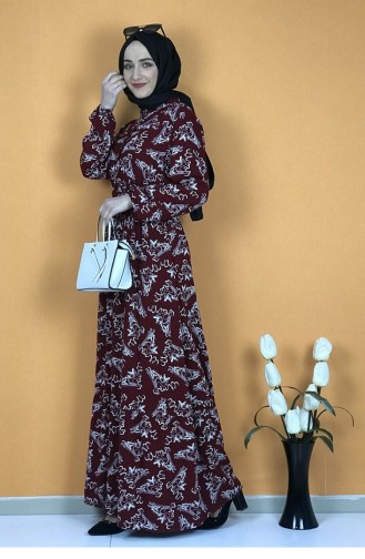 Belted Patterned Hijab Dress 0241A-02 Claret Red White 0241A-02