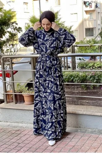 Belted Patterned Hijab Dress 0241A-03 Navy Blue White 0241A-03