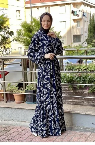 Belted Patterned Hijab Dress 0241A-03 Navy Blue White 0241A-03