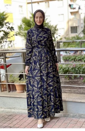 Belted Patterned Hijab Dress 0241A-04 Navy Blue Mustard 0241A-04