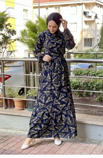 Belted Patterned Hijab Dress 0241A-04 Navy Blue Mustard 0241A-04