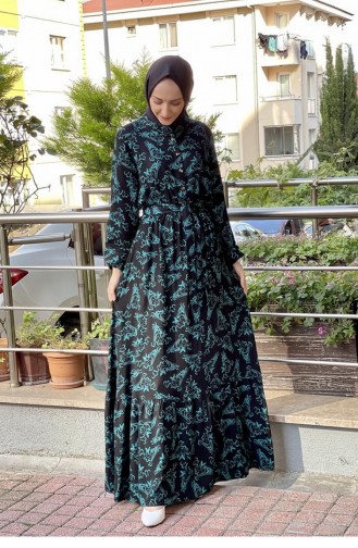 Gemustertes Hijab-Kleid Mit Gürtel Laci Indigo 0241SGS.LCI