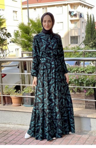 Gemustertes Hijab-Kleid Mit Gürtel Laci Indigo 0241SGS.LCI