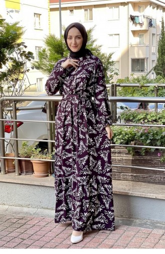 Kemerli Desenli Tesettür Elbise Mor