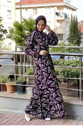 Kemerli Desenli Tesettür Elbise Mor