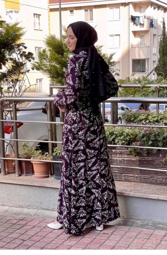 Kemerli Desenli Tesettür Elbise Mor
