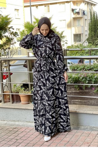 Robe Hijab à Motifs Et Ceinture 0241A-07 Noir Blanc 0241A-07