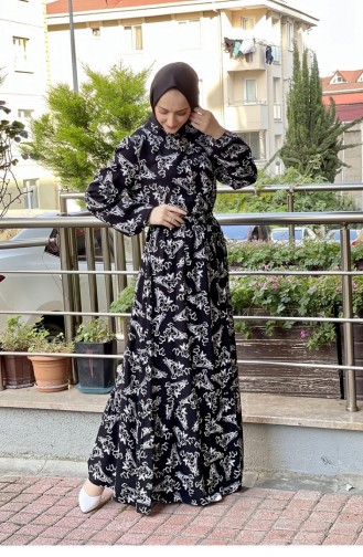 Robe Hijab à Motifs Et Ceinture 0241A-07 Noir Blanc 0241A-07