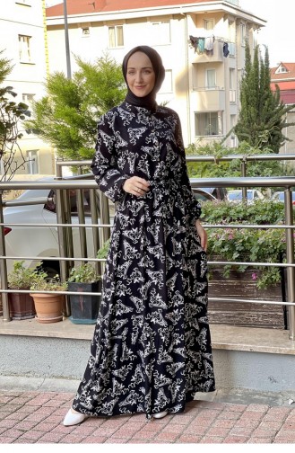 Robe Hijab à Motifs Et Ceinture 0241A-07 Noir Blanc 0241A-07