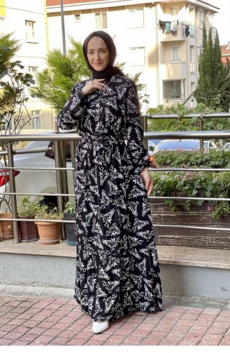 Robe Hijab à Motifs Et Ceinture 0241A-07 Noir Blanc 0241A-07