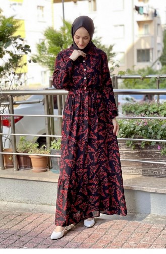 Gemustertes Hijab-Kleid Mit Gürtel Schwarz-Rot 0241SGS.SYK