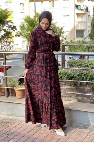 Gemustertes Hijab-Kleid Mit Gürtel Schwarz-Rot 0241SGS.SYK
