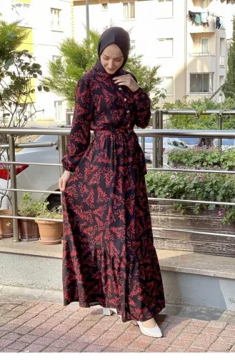 Gemustertes Hijab-Kleid Mit Gürtel Schwarz-Rot 0241SGS.SYK