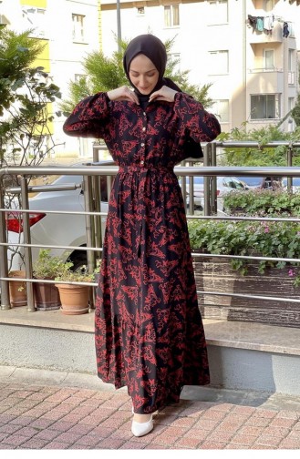 Gemustertes Hijab-Kleid Mit Gürtel Schwarz-Rot 0241SGS.SYK