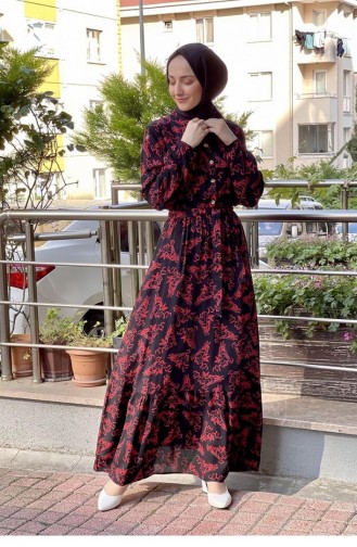 Gemustertes Hijab-Kleid Mit Gürtel Schwarz-Rot 0241SGS.SYK