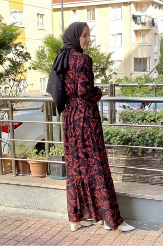 Gemustertes Hijab-Kleid Mit Gürtel Schwarz-Rot 0241SGS.SYK