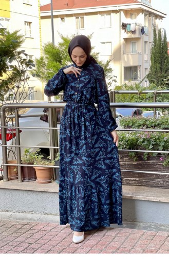 Robe Hijab à Motifs Et Ceinture 0241A-09 Noir Turquoise 0241A-09