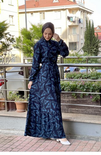 Robe Hijab à Motifs Et Ceinture 0241A-09 Noir Turquoise 0241A-09