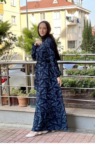 Belted Patterned Hijab Dress Black Turquoise 0241SGS.SYT