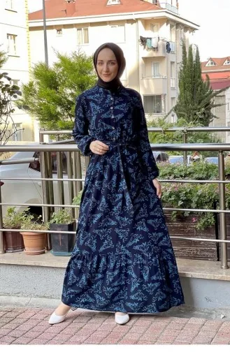 Belted Patterned Hijab Dress Black Turquoise 0241SGS.SYT