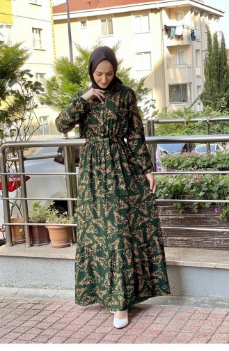 Belted Patterned Hijab Dress Emerald 0241SGS.ZMR