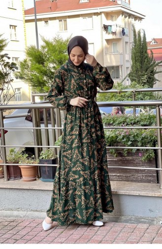 Belted Patterned Hijab Dress Emerald 0241SGS.ZMR