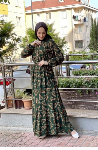 Belted Patterned Hijab Dress Emerald 0241SGS.ZMR
