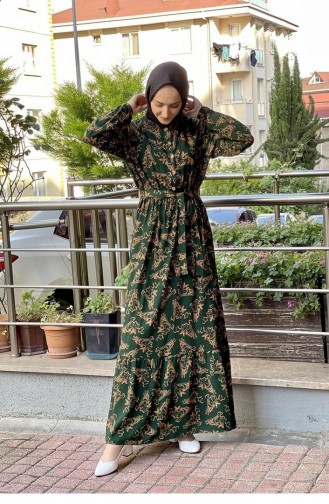 Belted Patterned Hijab Dress Emerald 0241SGS.ZMR