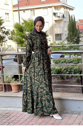 Belted Patterned Hijab Dress Emerald 0241SGS.ZMR