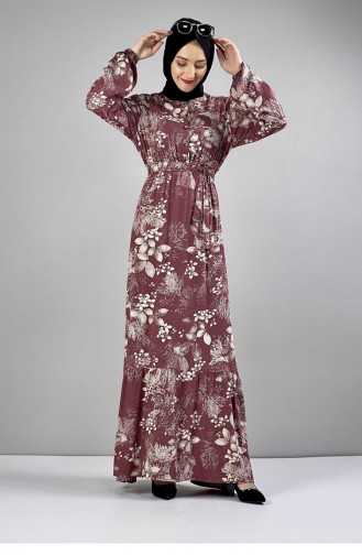 Gemustertes Hijab-Kleid Mit Gürtel Dusty Rose 0242SGS.GKR