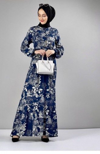 Robe Hijab à Motifs Ceinturée Pétrole 0242SGS.PMV