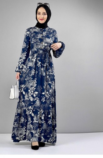 Robe Hijab à Motifs Ceinturée Pétrole 0242SGS.PMV