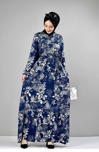 Robe Hijab à Motifs Ceinturée Pétrole 0242SGS.PMV