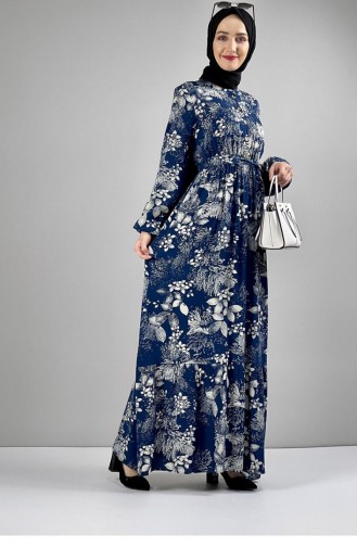Robe Hijab à Motifs Ceinturée Pétrole 0242SGS.PMV