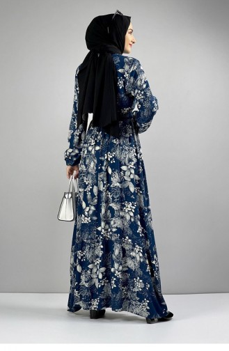 Robe Hijab à Motifs Ceinturée Pétrole 0242SGS.PMV