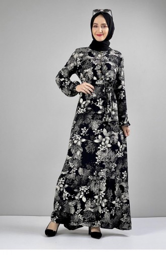 Robe Hijab à Motifs Et Ceinture 0242A-05 Noir 0242A-05