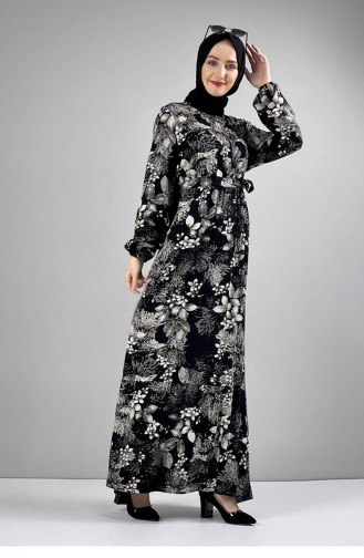 Robe Hijab à Motifs Et Ceinture 0242A-05 Noir 0242A-05