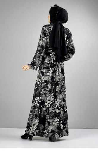 Robe Hijab à Motifs Et Ceinture 0242A-05 Noir 0242A-05