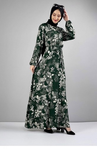 Belted Patterned Hijab Dress Emerald 0242SGS.ZMR