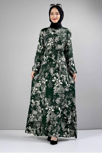 Belted Patterned Hijab Dress Emerald 0242SGS.ZMR