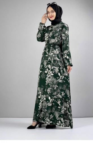 Belted Patterned Hijab Dress Emerald 0242SGS.ZMR