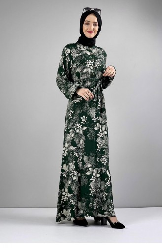 Belted Patterned Hijab Dress Emerald 0242SGS.ZMR