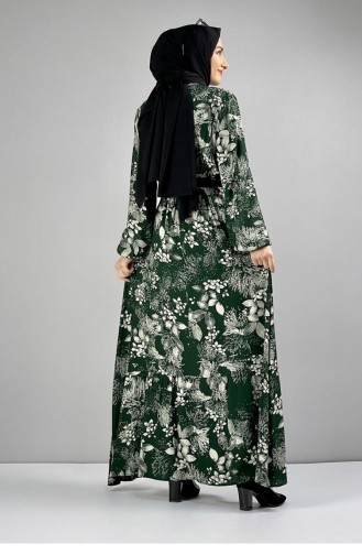 Belted Patterned Hijab Dress Emerald 0242SGS.ZMR