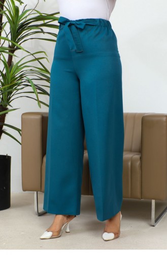 Pantalon Large Noué À La Taille Bleu Pétrole 0658GLN.PTR