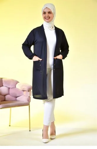 Große Damen-Cardigan Mit Metallschnalle Und Wabenstruktur Marineblau 148