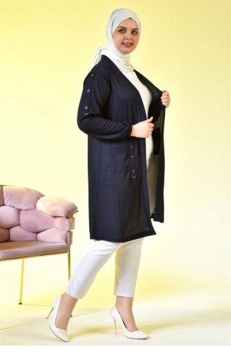 Große Damen-Cardigan Mit Metallschnalle Und Wabenstruktur Marineblau 148