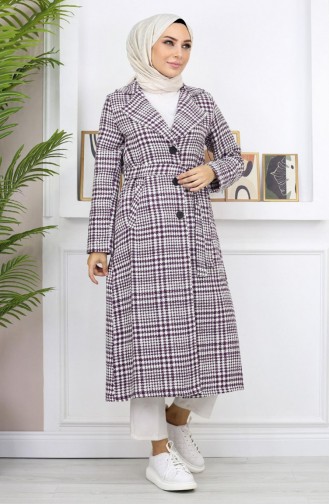 Plaid Şanel Kaşe Coat Plum 19137 14949