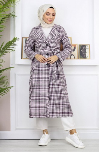 Plaid Şanel Kaşe Coat Plum 19137 14949