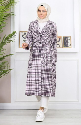 Plaid Şanel Kaşe Coat Plum 19137 14949