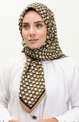 Karaca Geometric Patterned Rayon Scarf 81043-13 Brown Neon Green 81043-13